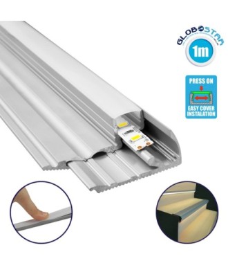 GloboStar® STAIR-PROFILE 70823-1M Προφίλ Αλουμινίου - Βάση & Ψύκτρα Ταινίας LED με Λευκό Γαλακτερό Κάλυμμα - Χρήση σε Σκαλοπάτια - Πατητό Κάλυμμα - Ασημί - 1 Μέτρο - Μ100 x Π6 x Υ2.1cm